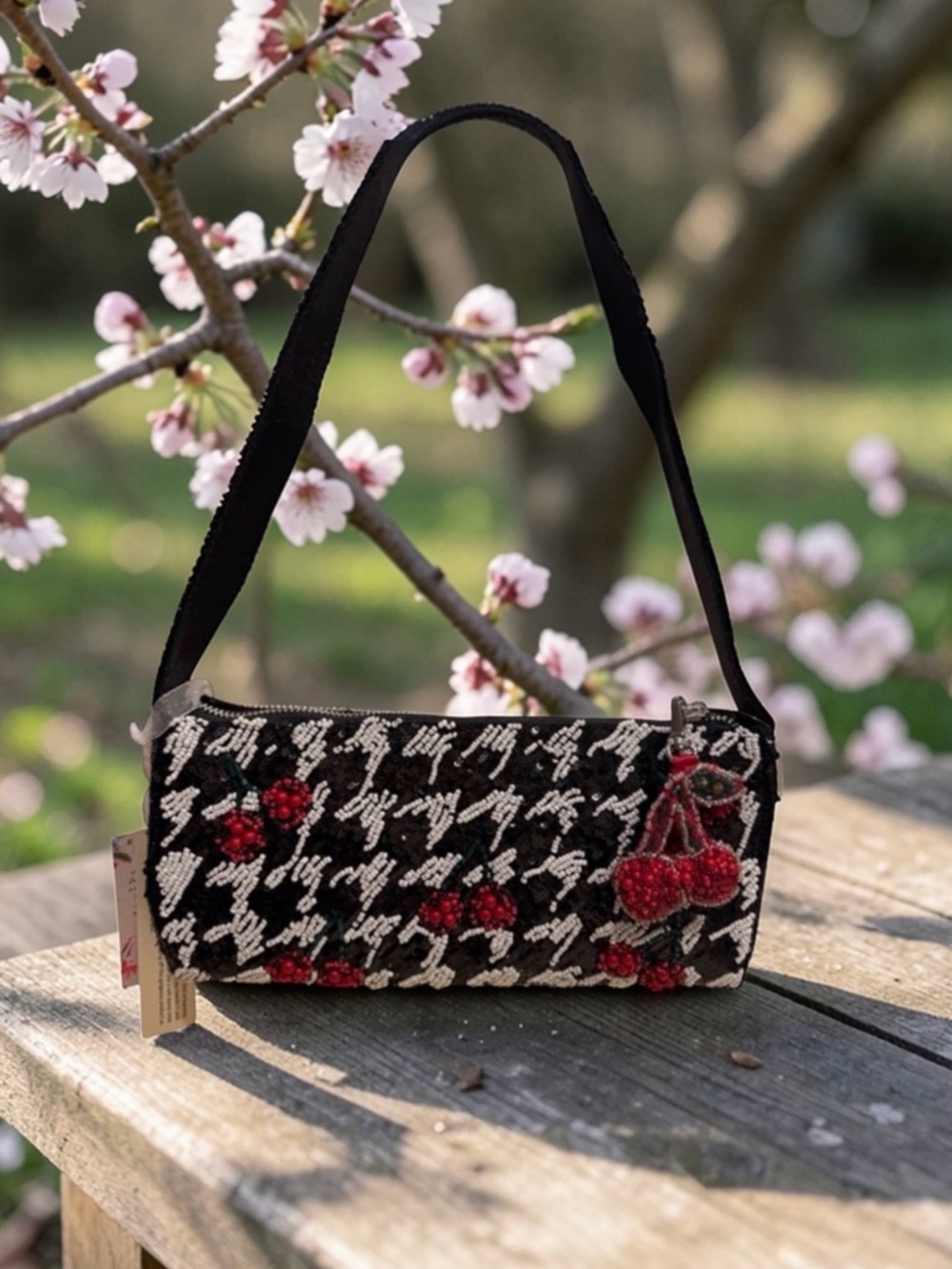 Beaded Black & White Houndstooth Shoulder bag with Red Cherry Embellishments - Picture 1 of 6